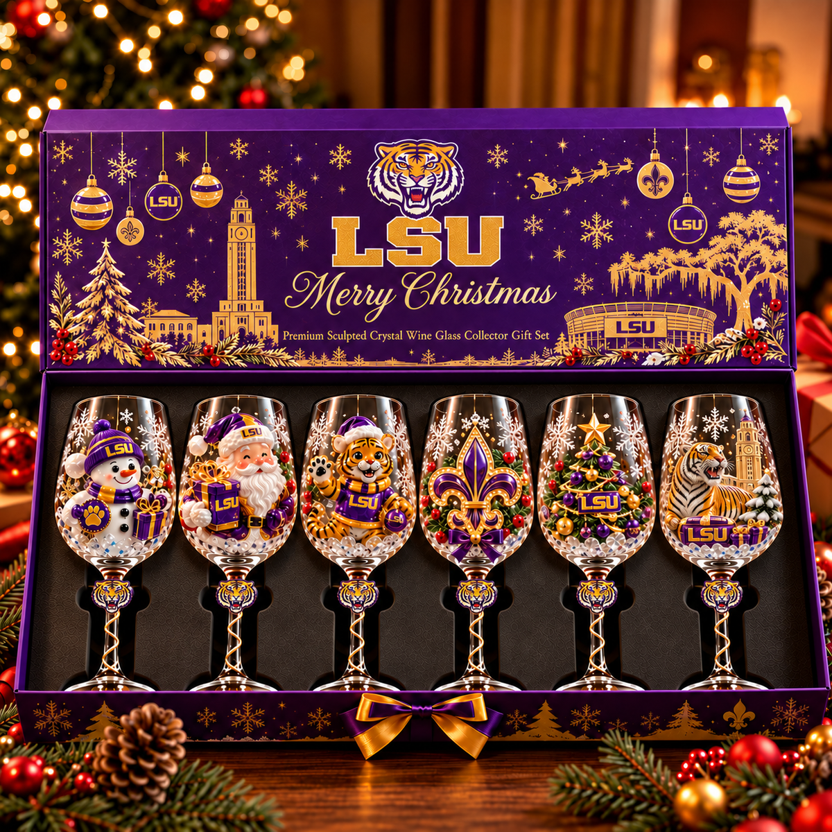 LSU Premium Sculpted Crystal Wine Glass Collector Set TTNL