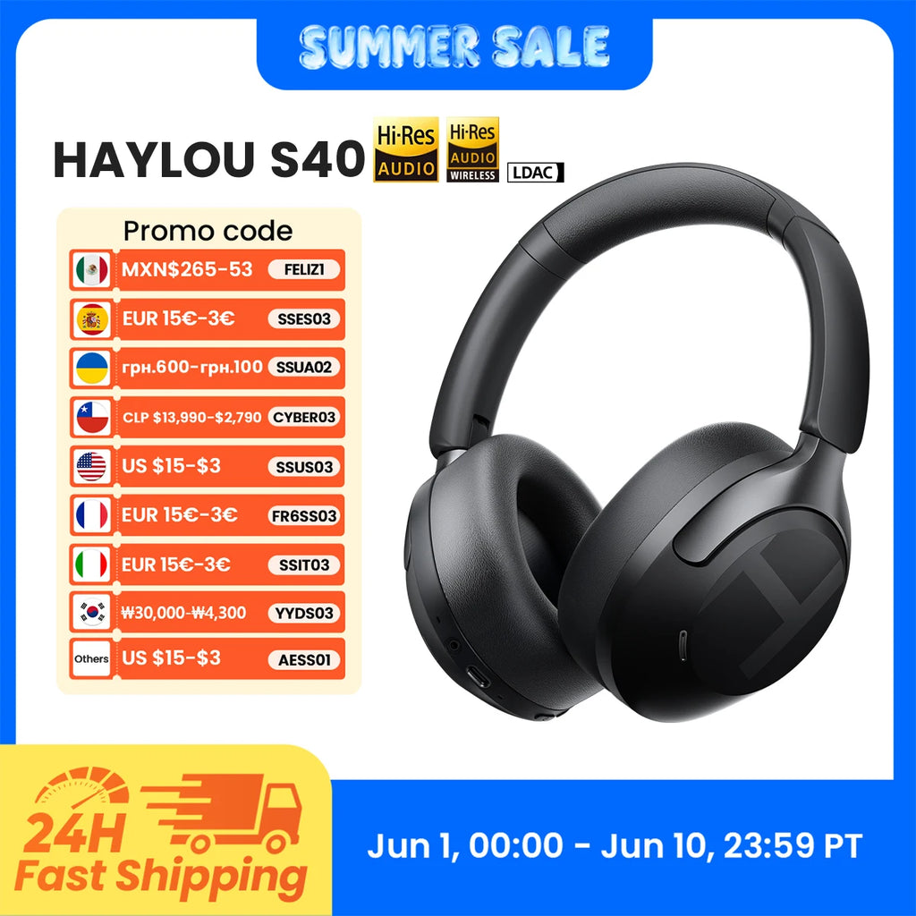 HAYLOU S40 ANC Wireless Headphone 50dB Noise Canceling Hi-Res 3D Spatial Audio Earphone with LDAC Bluetooth 6.0 Over Ear Headset